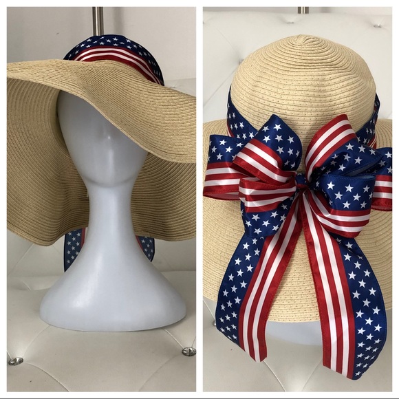 NEW Boho Stars Stripes Wide Brim Floppy Straw Hat - Picture 1 of 9